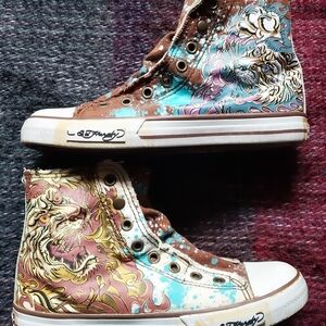 Ed Hardy High Top Shoes Brown/Green Laceless Tigers Size 5